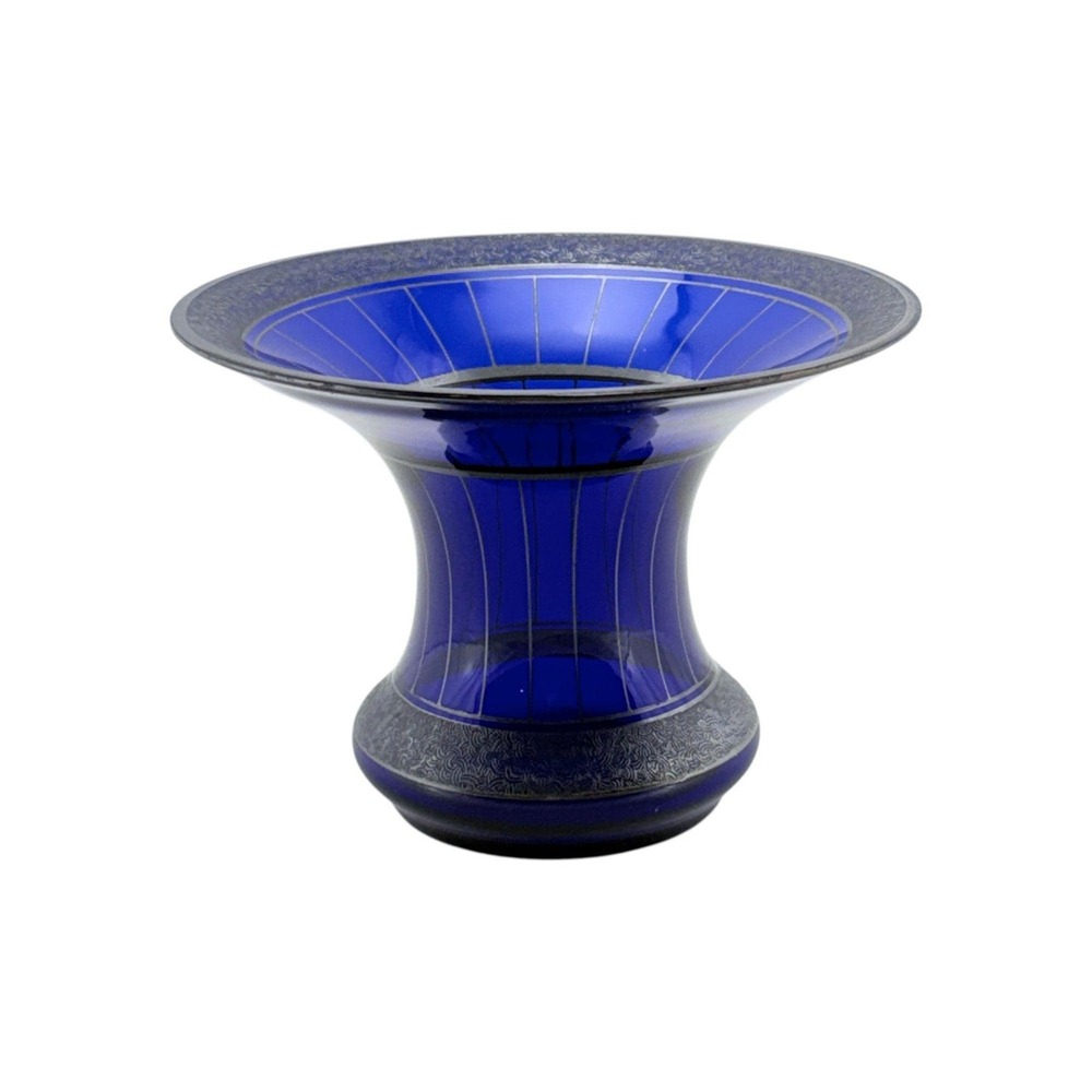 Antique Cobalt Blue Glass Vase Silver Striped Textured Trim Flared Rim 5" Tall